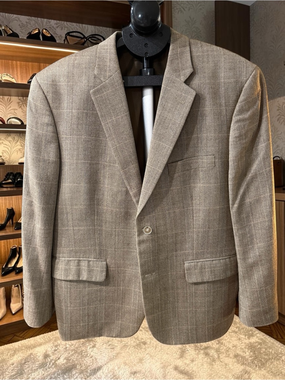 Tasso Elba for Macy's Men's Windowpane Blazer Taupe Beige Herringbone Plaid